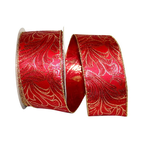 JAM Paper 2.5" x 25yd. Red & Gold Swirls Wired Ribbon